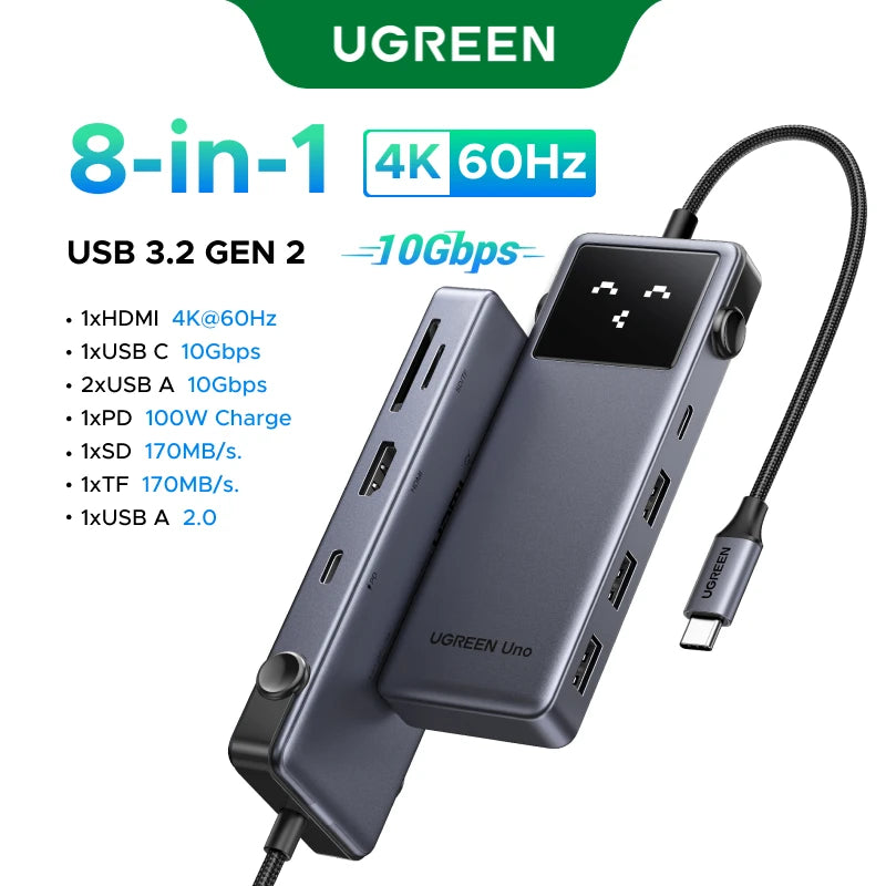 Uno USB C HUB 6-In-1 4K60Hz PD100W 10Gbps USB3.2 Splitter Adapter for Laptop Macbook Pro Air USB Expander Docking Station