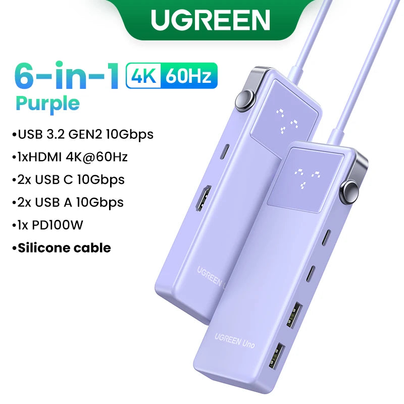 Uno USB C HUB 6-In-1 4K60Hz PD100W 10Gbps USB3.2 Splitter Adapter for Laptop Macbook Pro Air USB Expander Docking Station