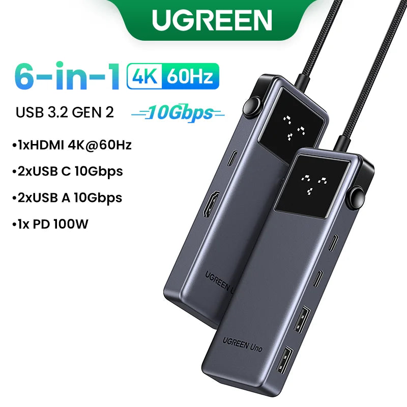 Uno USB C HUB 6-In-1 4K60Hz PD100W 10Gbps USB3.2 Splitter Adapter for Laptop Macbook Pro Air USB Expander Docking Station