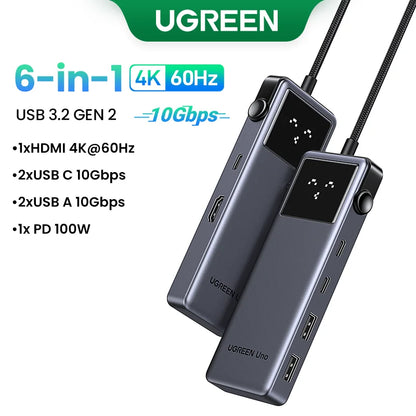 Uno USB C HUB 6-In-1 4K60Hz PD100W 10Gbps USB3.2 Splitter Adapter for Laptop Macbook Pro Air USB Expander Docking Station